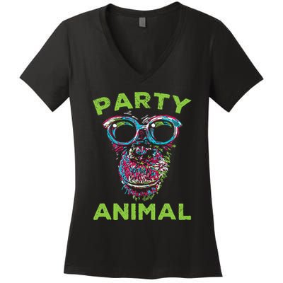 Cute Chimpanzee Party Animal Lover Colorful Monkey Women's V-Neck T-Shirt
