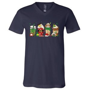 Christmas Coffee Peppermint Iced Latte Snowmen Hot Cocoa V-Neck T-Shirt