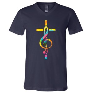 Christian Cross | Religious Musician | Music Clef Note Premium V-Neck T-Shirt