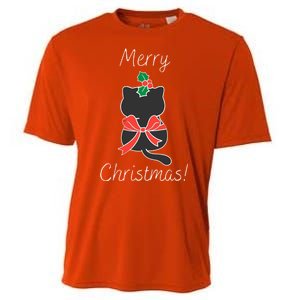 Christmas Cat Rapped Present Bow Cooling Performance Crew T-Shirt