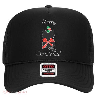 Christmas Cat Rapped Present Bow High Crown Mesh Back Trucker Hat