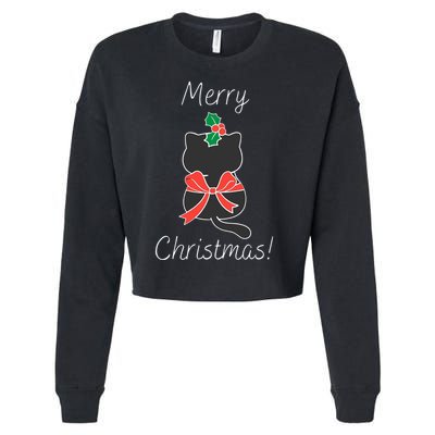 Christmas Cat Rapped Present Bow Cropped Pullover Crew