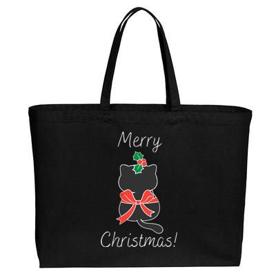 Christmas Cat Rapped Present Bow Cotton Canvas Jumbo Tote