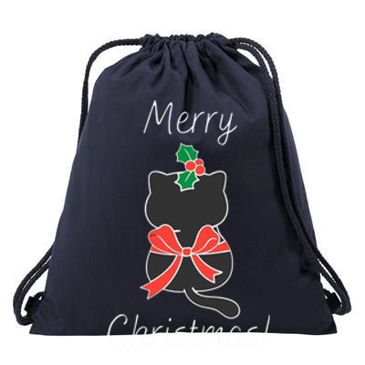 Christmas Cat Rapped Present Bow Drawstring Bag