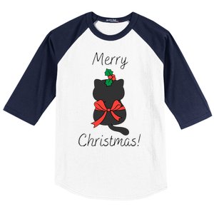 Christmas Cat Rapped Present Bow Baseball Sleeve Shirt