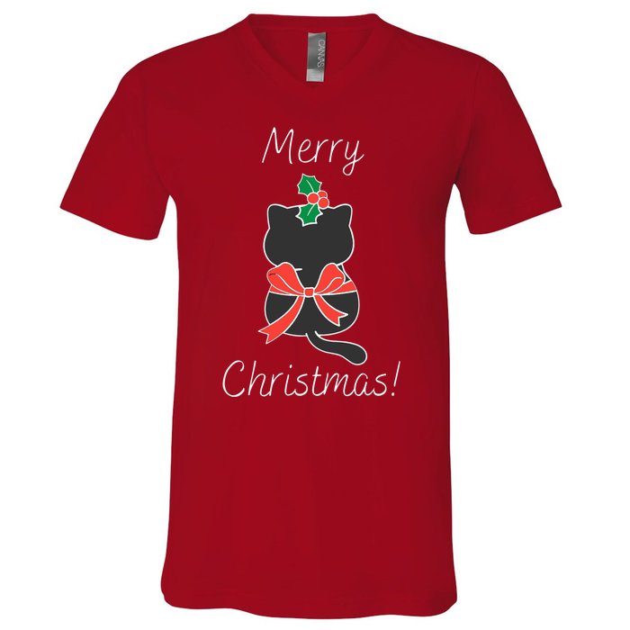 Christmas Cat Rapped Present Bow V-Neck T-Shirt