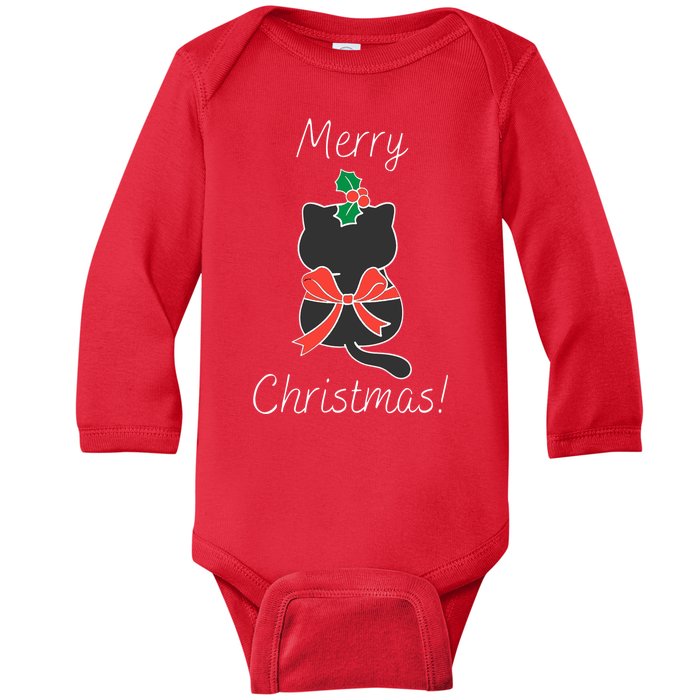 Christmas Cat Rapped Present Bow Baby Long Sleeve Bodysuit