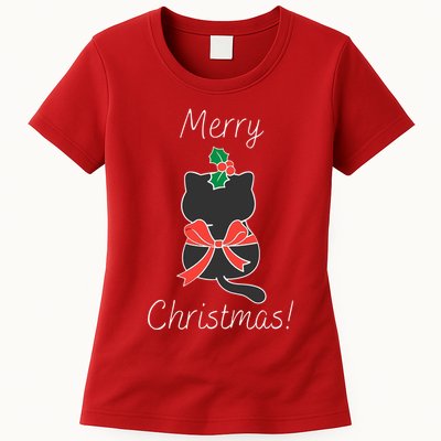 Christmas Cat Rapped Present Bow Womens T-Shirt