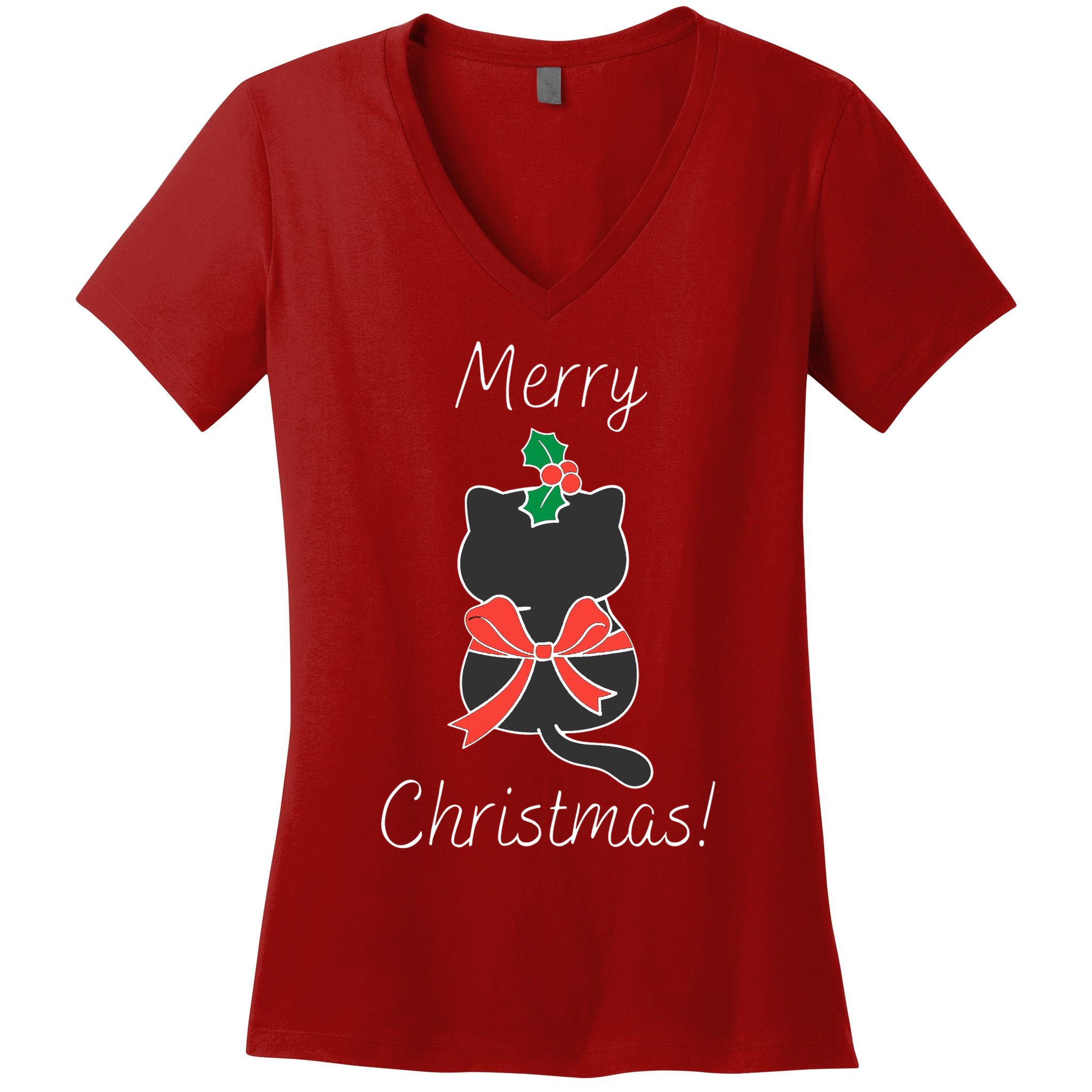 Christmas Cat Rapped Present Bow Women's V-Neck T-Shirt