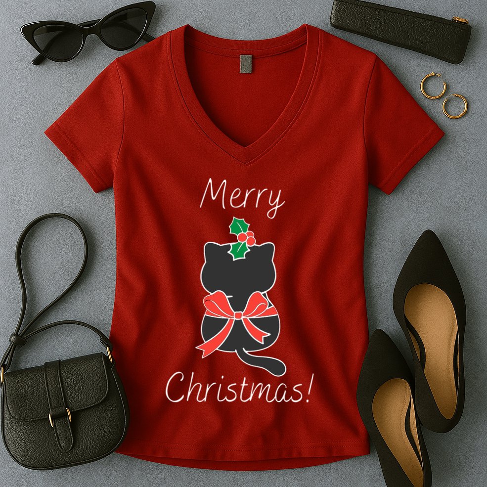 Christmas Cat Rapped Present Bow Women's V-Neck T-Shirt
