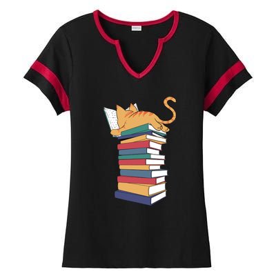 Cute Cat Reading Books Kitten Kitty Lover Reader Ladies Halftime Notch Neck Tee