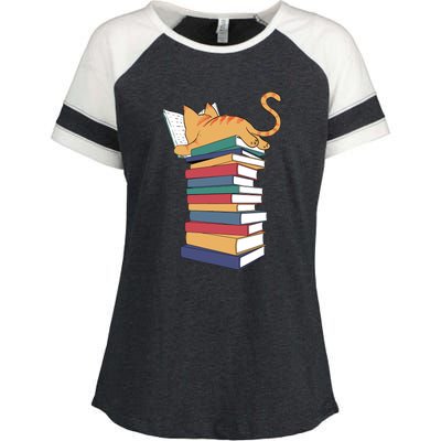 Cute Cat Reading Books Kitten Kitty Lover Reader Enza Ladies Jersey Colorblock Tee