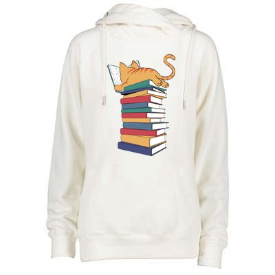 Cute Cat Reading Books Kitten Kitty Lover Reader Womens Funnel Neck Pullover Hood