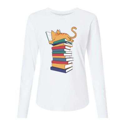 Cute Cat Reading Books Kitten Kitty Lover Reader Womens Cotton Relaxed Long Sleeve T-Shirt