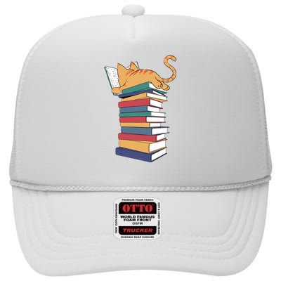 Cute Cat Reading Books Kitten Kitty Lover Reader High Crown Mesh Back Trucker Hat