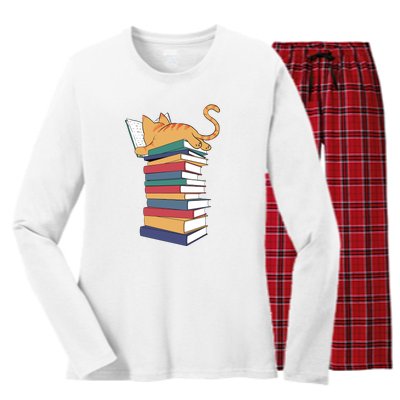 Cute Cat Reading Books Kitten Kitty Lover Reader Women's Long Sleeve Flannel Pajama Set 