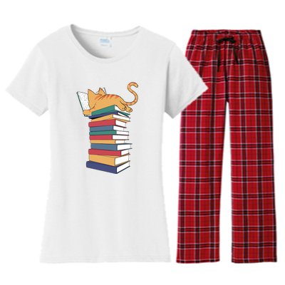 Cute Cat Reading Books Kitten Kitty Lover Reader Women's Flannel Pajama Set