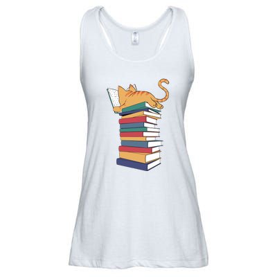 Cute Cat Reading Books Kitten Kitty Lover Reader Ladies Essential Flowy Tank