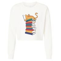 Cute Cat Reading Books Kitten Kitty Lover Reader Cropped Pullover Crew