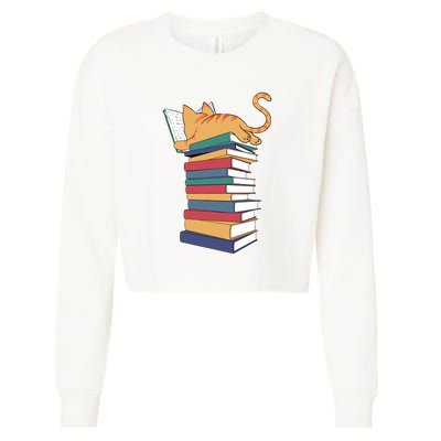 Cute Cat Reading Books Kitten Kitty Lover Reader Cropped Pullover Crew