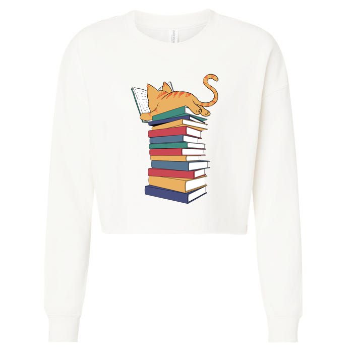 Cute Cat Reading Books Kitten Kitty Lover Reader Cropped Pullover Crew