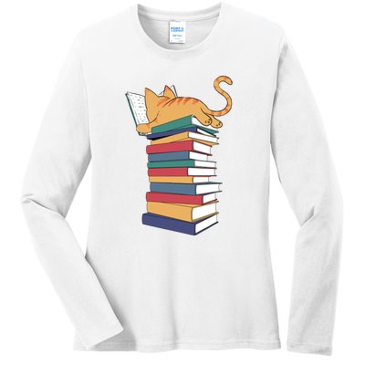 Cute Cat Reading Books Kitten Kitty Lover Reader Ladies Long Sleeve Shirt