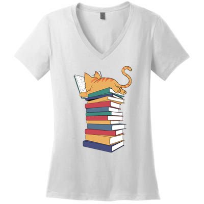 Cute Cat Reading Books Kitten Kitty Lover Reader Women's V-Neck T-Shirt