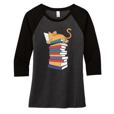 Cute Cat Reading Books Kitten Kitty Lover Reader Women's Tri-Blend 3/4-Sleeve Raglan Shirt