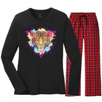 Cool Cute Retro 80s Watercolor Tiger Women's Long Sleeve Flannel Pajama Set 