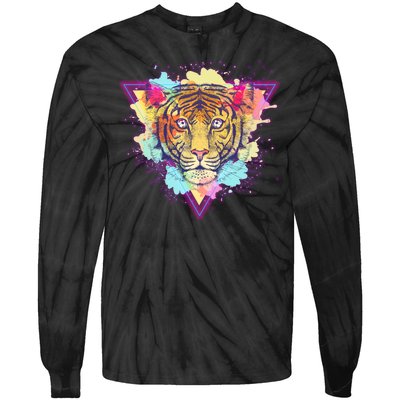 Cool Cute Retro 80s Watercolor Tiger Tie-Dye Long Sleeve Shirt