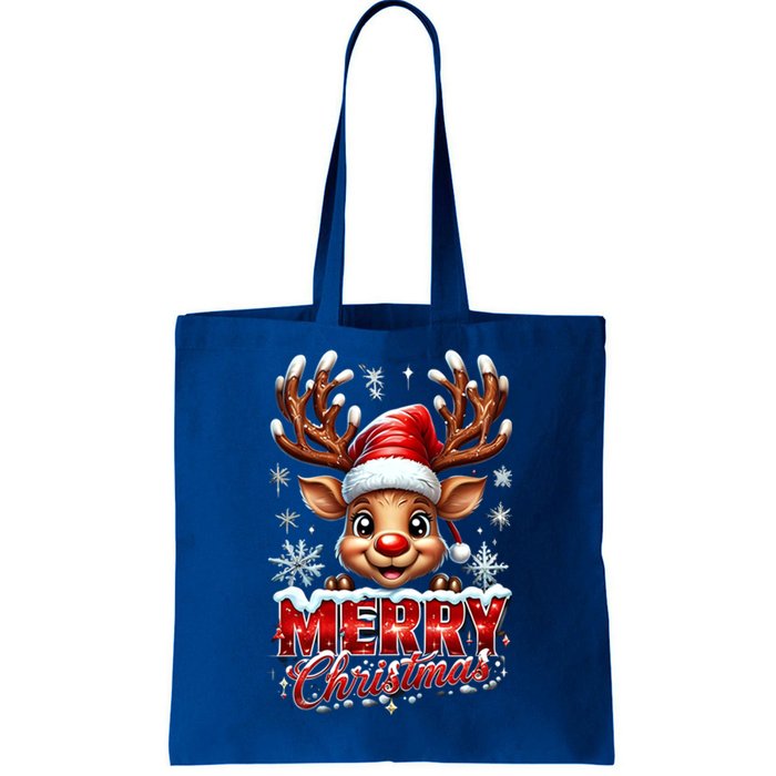 Cute Christmas Reindeer Holiday Santa Hat And Snowflakes Meaningful Gift Tote Bag