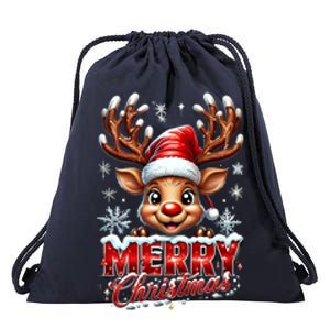 Cute Christmas Reindeer Holiday Santa Hat And Snowflakes Meaningful Gift Drawstring Bag