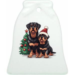 Cute Christmas Rottweiler Dogs Santa Hat Christmas Tree Red Ceramic Bell Ornament