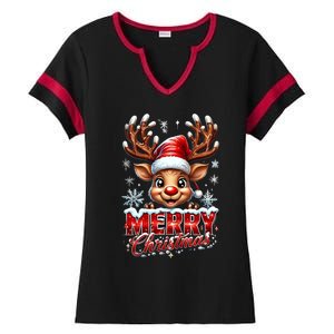 Cute Christmas Reindeer Holiday Santa Hat And Snowflakes Gift Ladies Halftime Notch Neck Tee