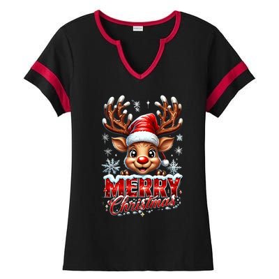 Cute Christmas Reindeer Holiday Santa Hat And Snowflakes Gift Ladies Halftime Notch Neck Tee