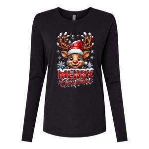 Cute Christmas Reindeer Holiday Santa Hat And Snowflakes Gift Womens Cotton Relaxed Long Sleeve T-Shirt