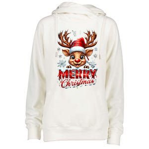 Cute Christmas Reindeer Holiday Santa Hat And Snowflakes Gift Womens Funnel Neck Pullover Hood