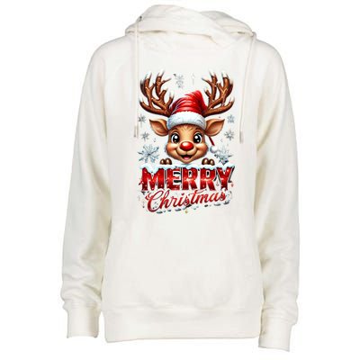 Cute Christmas Reindeer Holiday Santa Hat And Snowflakes Gift Womens Funnel Neck Pullover Hood