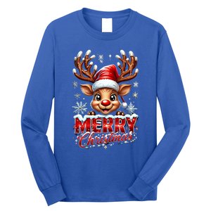 Cute Christmas Reindeer Holiday Santa Hat And Snowflakes Gift Long Sleeve Shirt