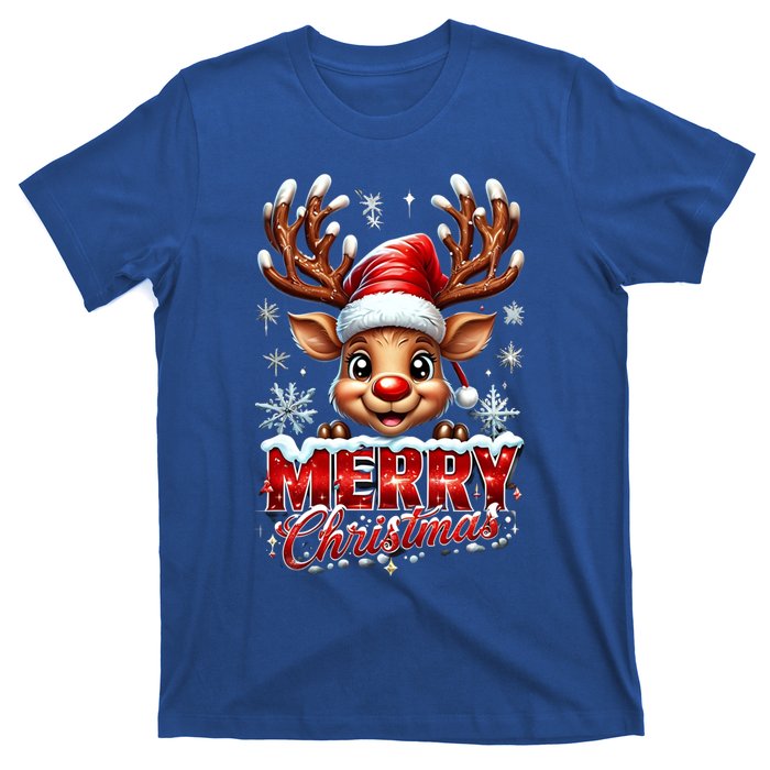 Cute Christmas Reindeer Holiday Santa Hat And Snowflakes Gift T-Shirt