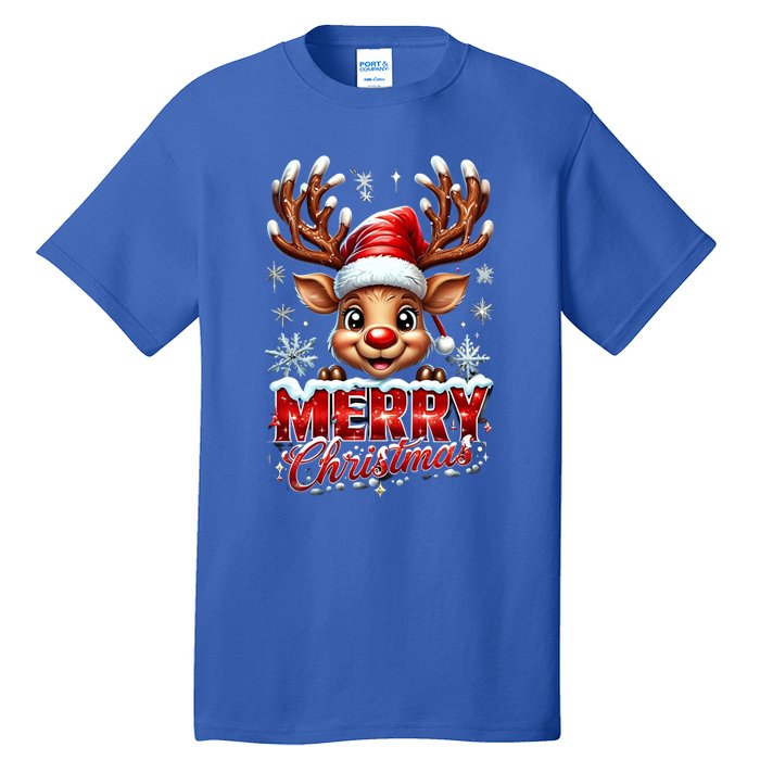 Cute Christmas Reindeer Holiday Santa Hat And Snowflakes Gift Tall T-Shirt