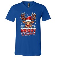 Cute Christmas Reindeer Holiday Santa Hat And Snowflakes Gift V-Neck T-Shirt