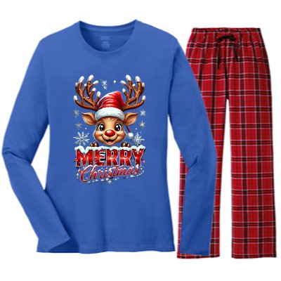 Cute Christmas Reindeer Holiday Santa Hat And Snowflakes Gift Women's Long Sleeve Flannel Pajama Set 