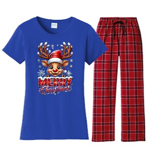 Cute Christmas Reindeer Holiday Santa Hat And Snowflakes Gift Women's Flannel Pajama Set