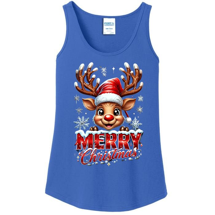 Cute Christmas Reindeer Holiday Santa Hat And Snowflakes Gift Ladies Essential Tank