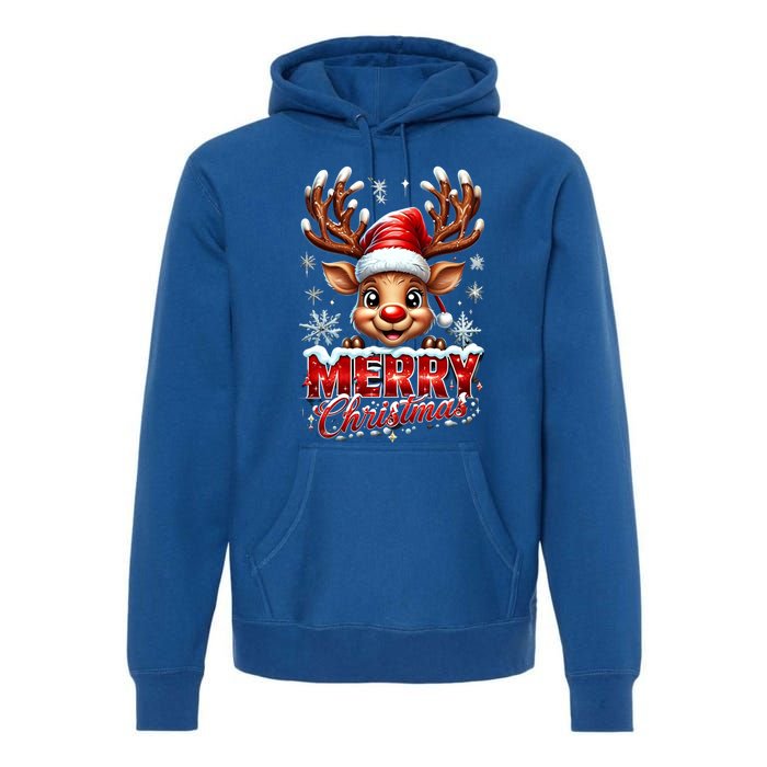 Cute Christmas Reindeer Holiday Santa Hat And Snowflakes Gift Premium Hoodie