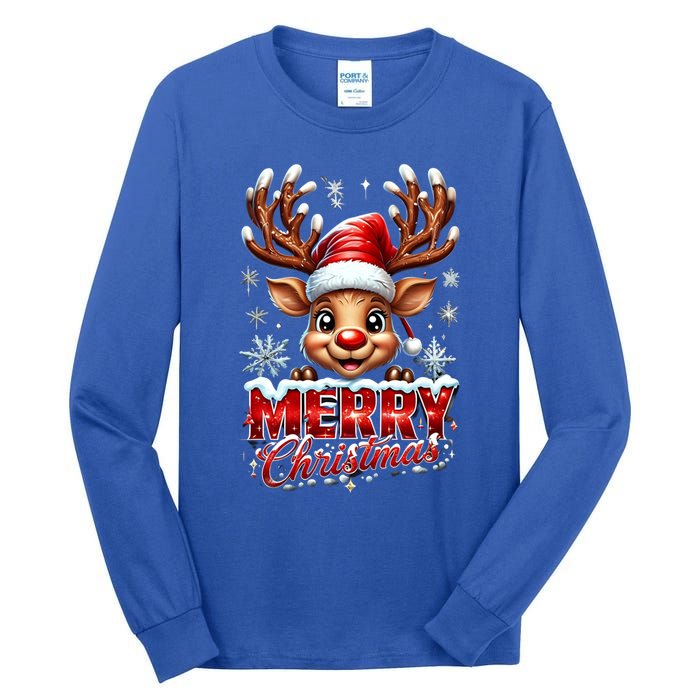 Cute Christmas Reindeer Holiday Santa Hat And Snowflakes Gift Tall Long Sleeve T-Shirt