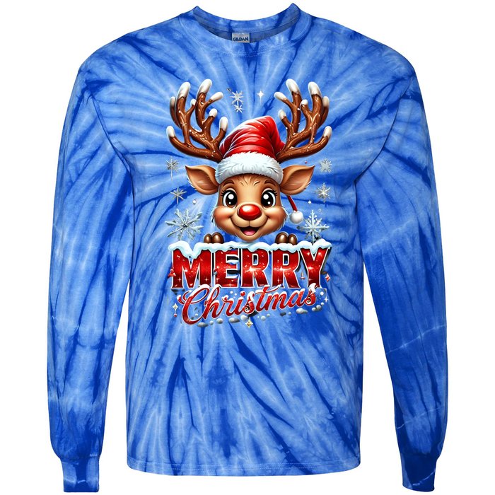 Cute Christmas Reindeer Holiday Santa Hat And Snowflakes Gift Tie-Dye Long Sleeve Shirt