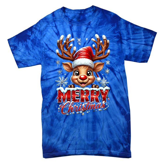 Cute Christmas Reindeer Holiday Santa Hat And Snowflakes Gift Tie-Dye T-Shirt