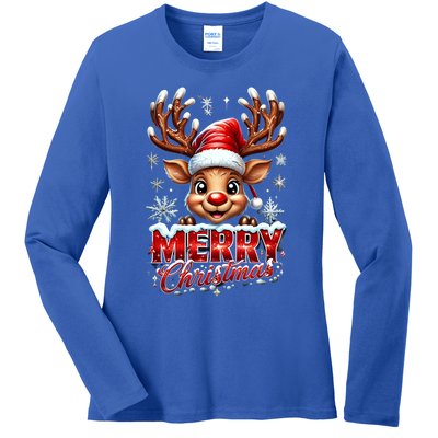 Cute Christmas Reindeer Holiday Santa Hat And Snowflakes Gift Ladies Long Sleeve Shirt